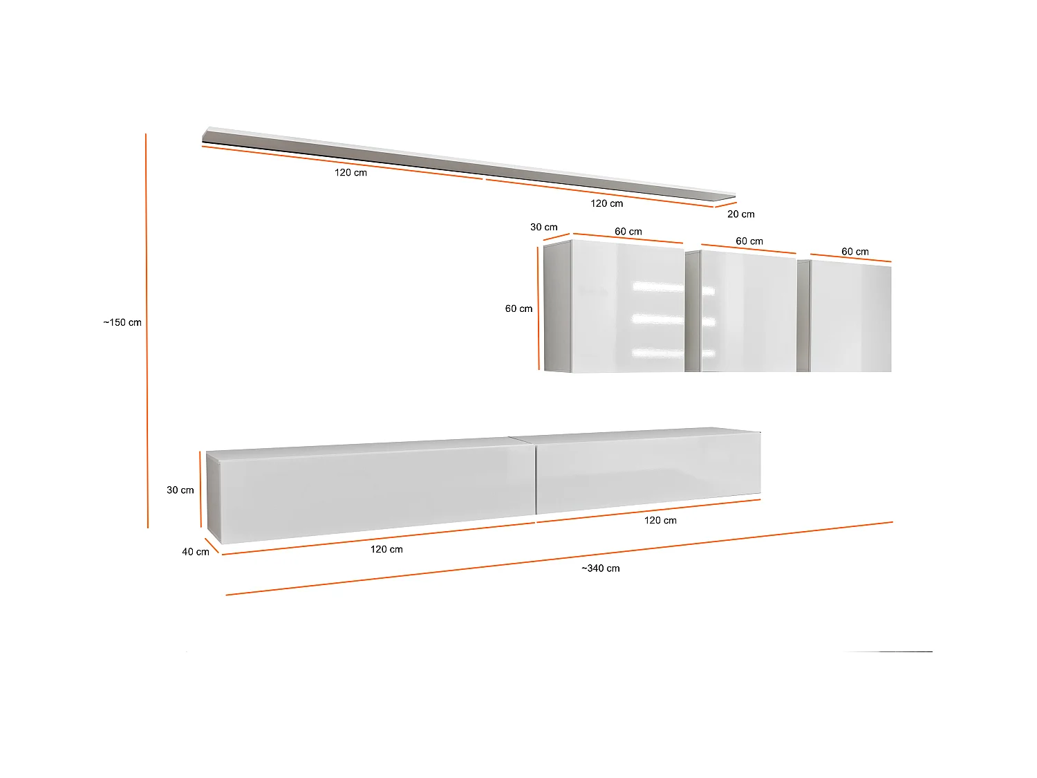 Parete attrezzata da soggiorno sospesa PAP51 340x150 nero e rovere