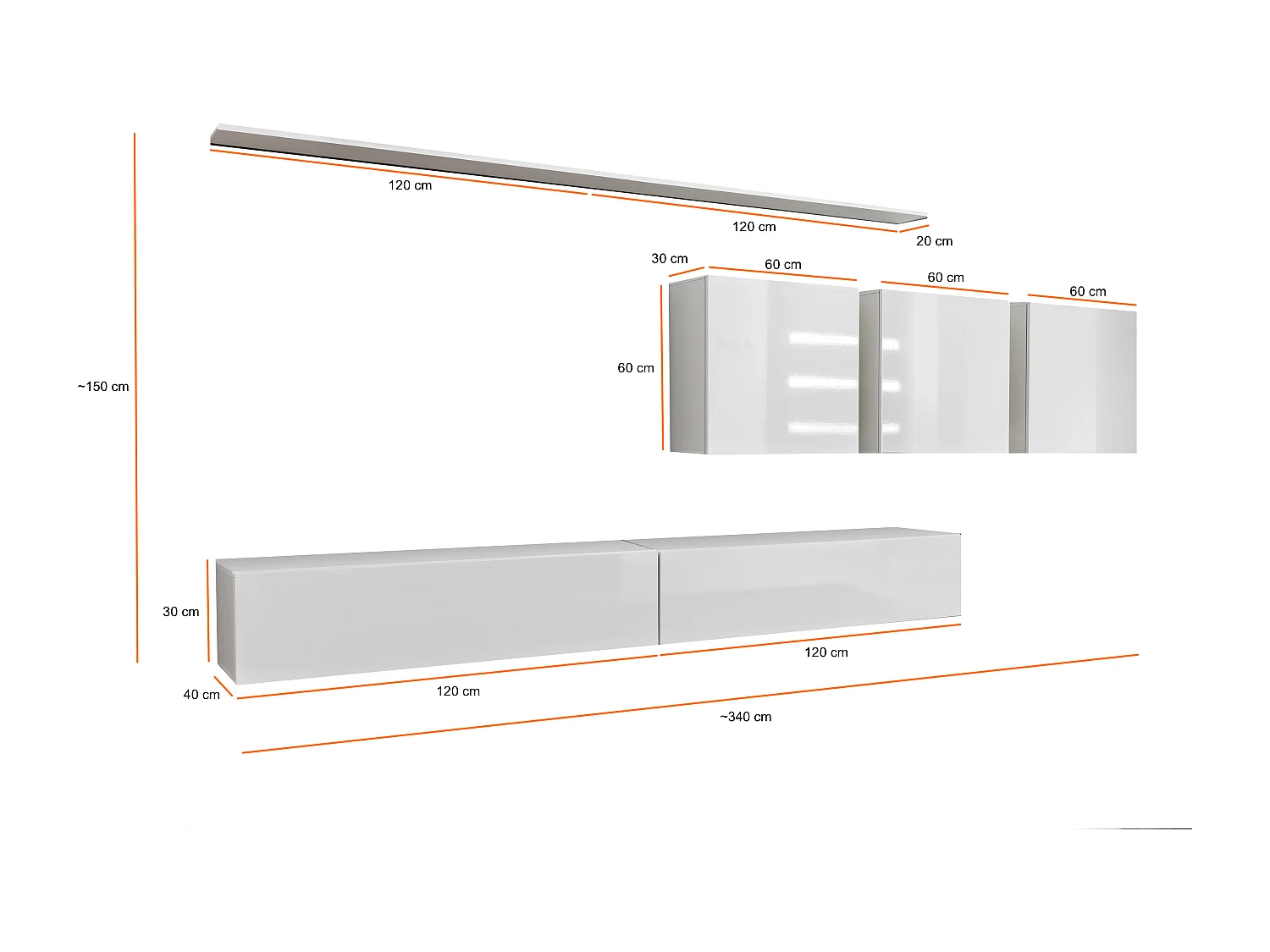 Parete attrezzata da soggiorno sospesa PAP51 340x150 nero e rovere