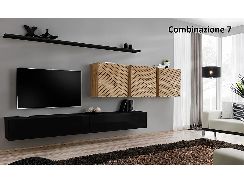 Parete attrezzata da soggiorno sospesa PAP51 340x150 nero e rovere