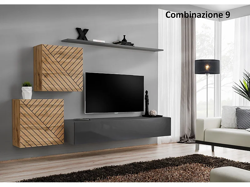 Parete attrezzata moderna mobile TV PAP49 250x150 rovere e grigio