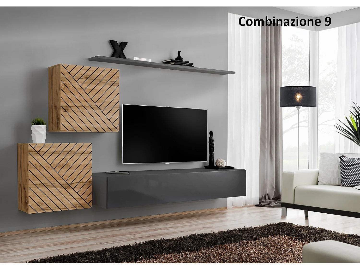 Parete attrezzata moderna mobile TV PAP49 250x150 rovere e grigio
