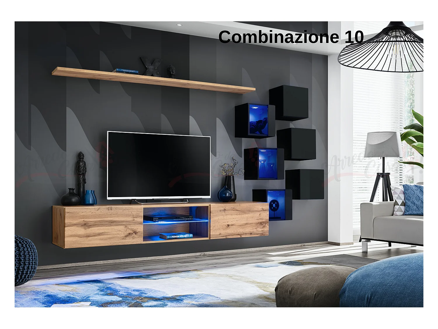 Parete attrezzata soggiorno con mobile TV sospeso 260x150 rovere e nero PAP67