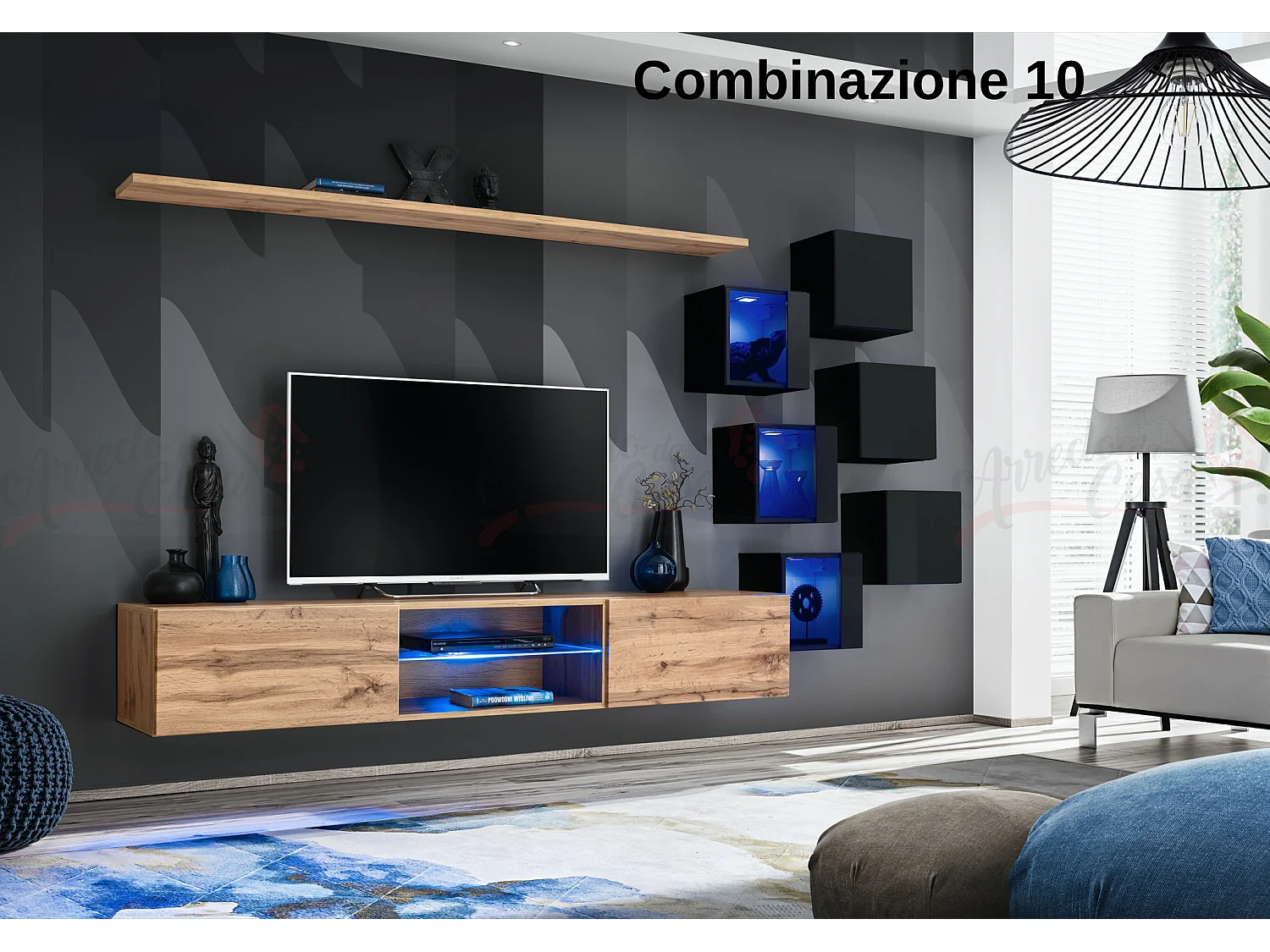 Parete attrezzata soggiorno con mobile TV sospeso 260x150 rovere e nero PAP67