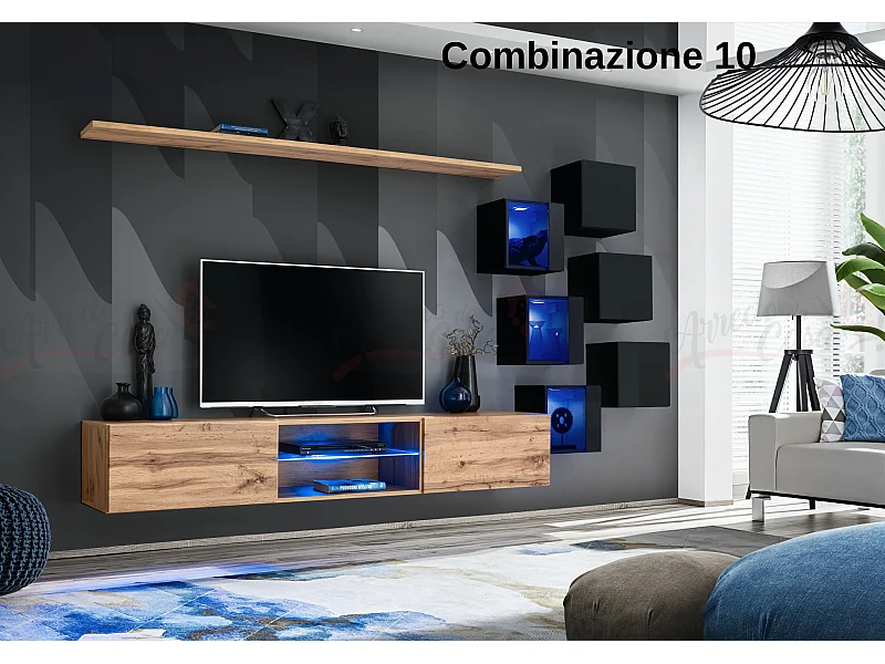 Parete attrezzata soggiorno con mobile TV sospeso 260x150 rovere e nero PAP67