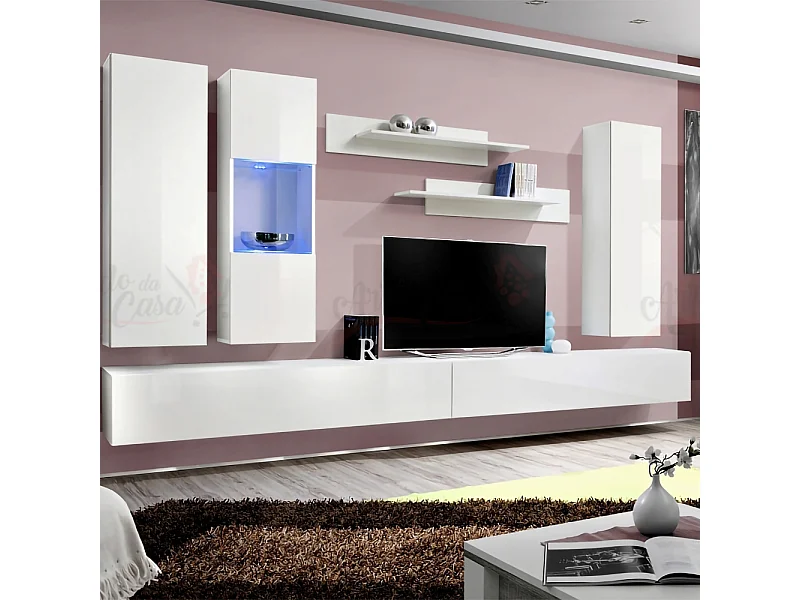 Parete attrezzata soggiorno sospesa con due mensole PAP95 320x190 bianco