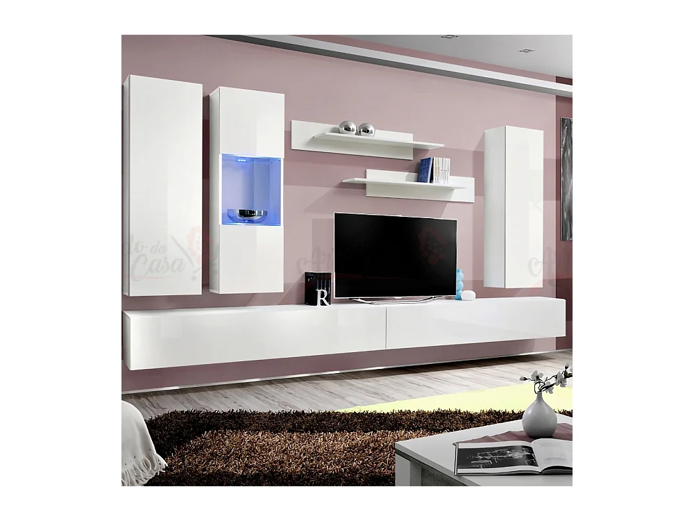 Parete attrezzata soggiorno sospesa con due mensole PAP95 320x190 bianco