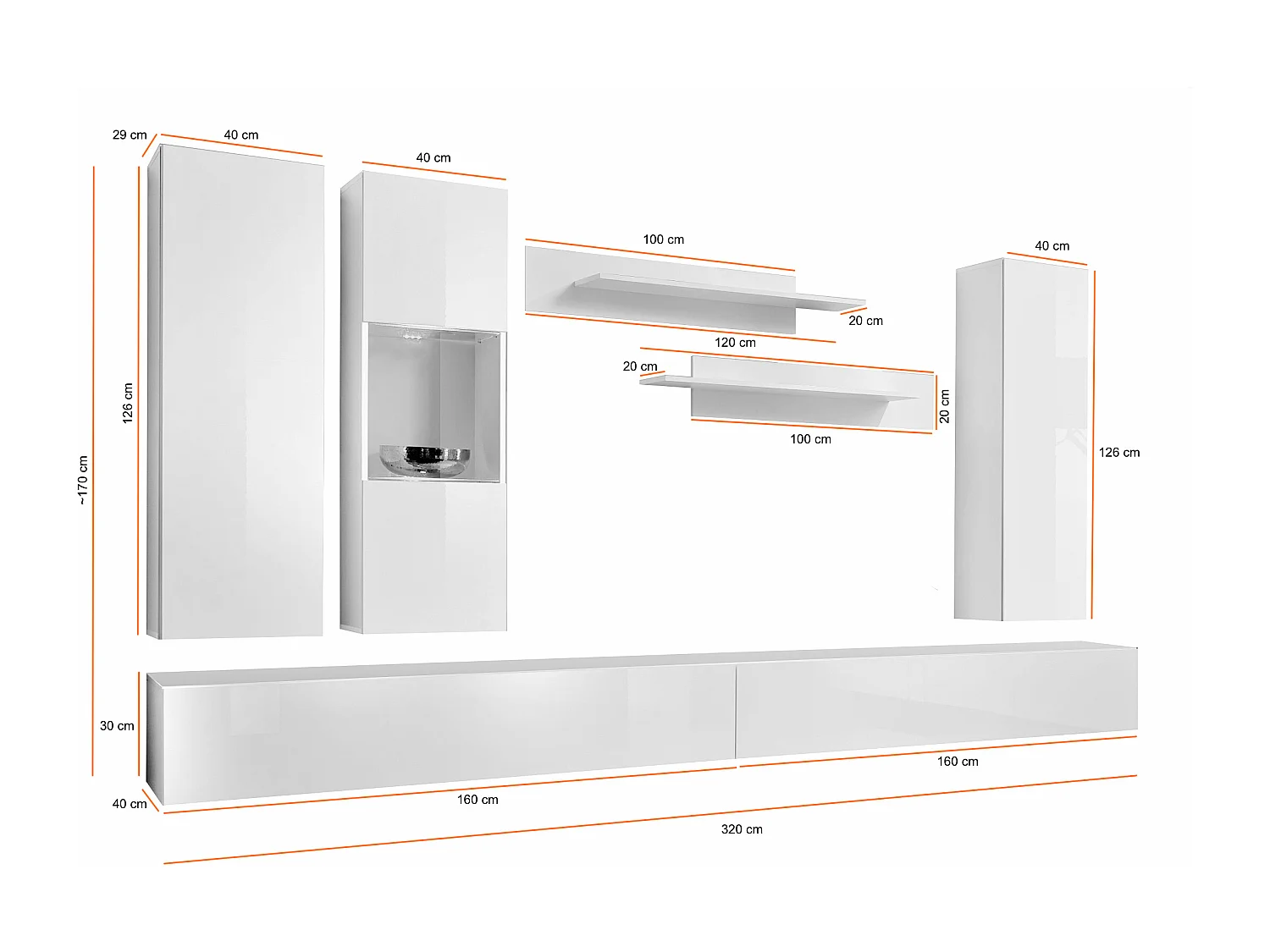 Parete attrezzata soggiorno sospesa con due mensole PAP95 320x190 bianco