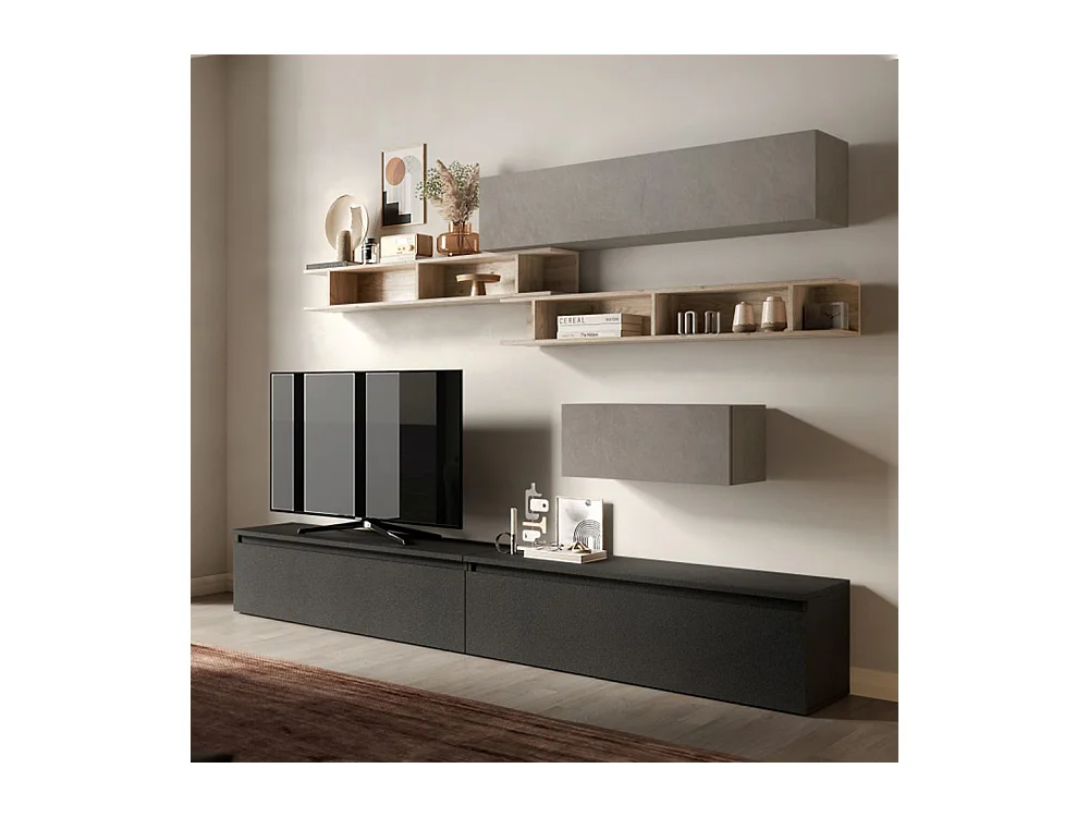 Parete attrezzata soggiorno 276x200 cm argilla, rovere e grafite PAL46