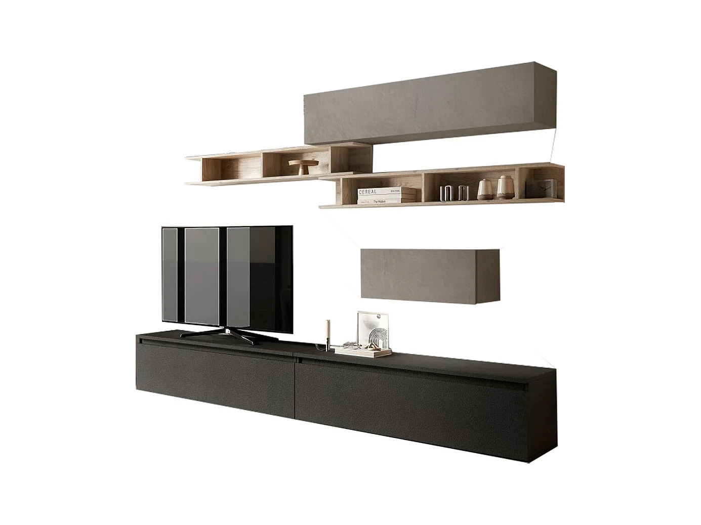 Parete attrezzata soggiorno 276x200 cm argilla, rovere e grafite PAL46