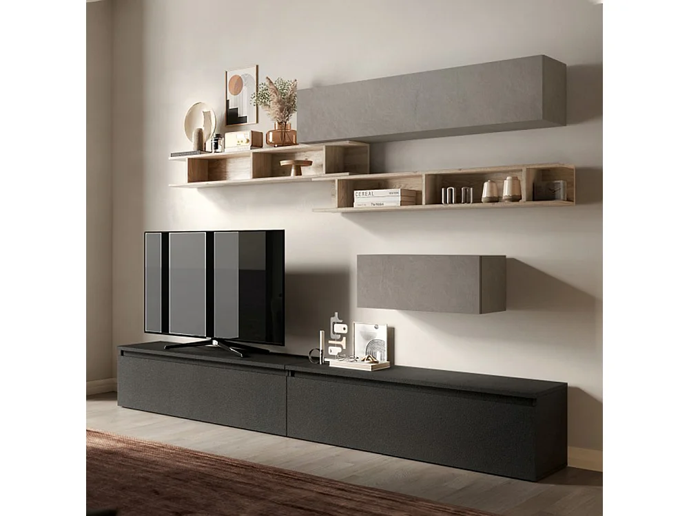 Parete attrezzata soggiorno 276x200 cm argilla, rovere e grafite PAL46