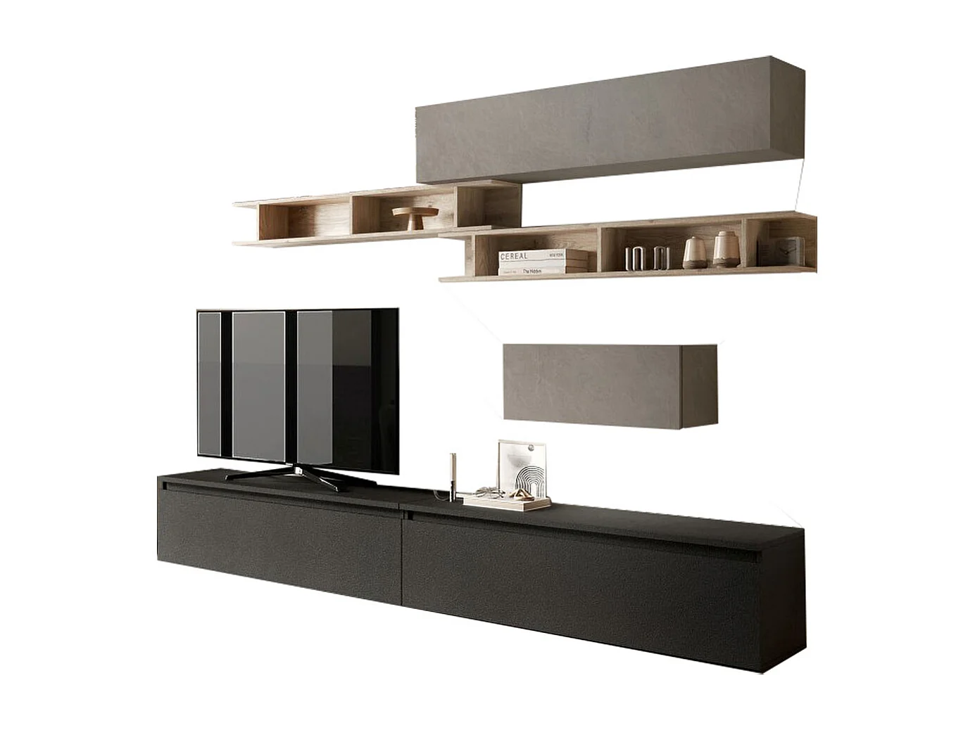 Parete attrezzata soggiorno 276x200 cm argilla, rovere e grafite PAL46