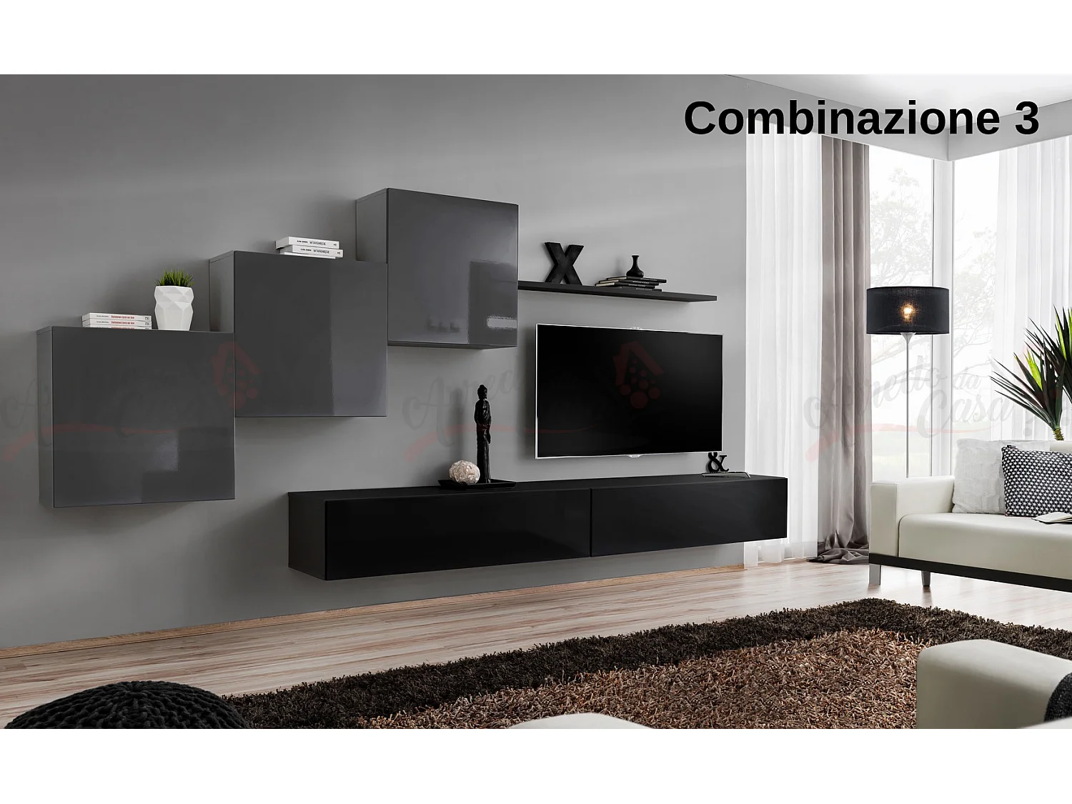 Parete attrezzata mobile TV moderna PAP54 330x160 grigio e nero