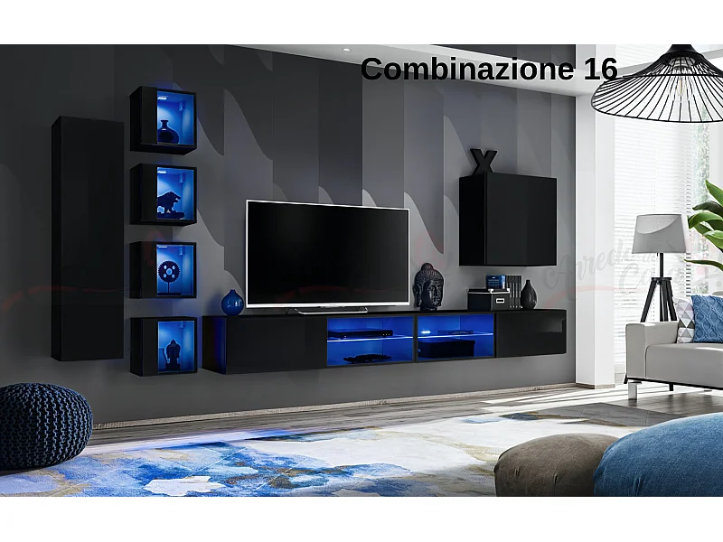 Parete attrezzata soggiorno con vetrinette e led 320x150 nero PAP72