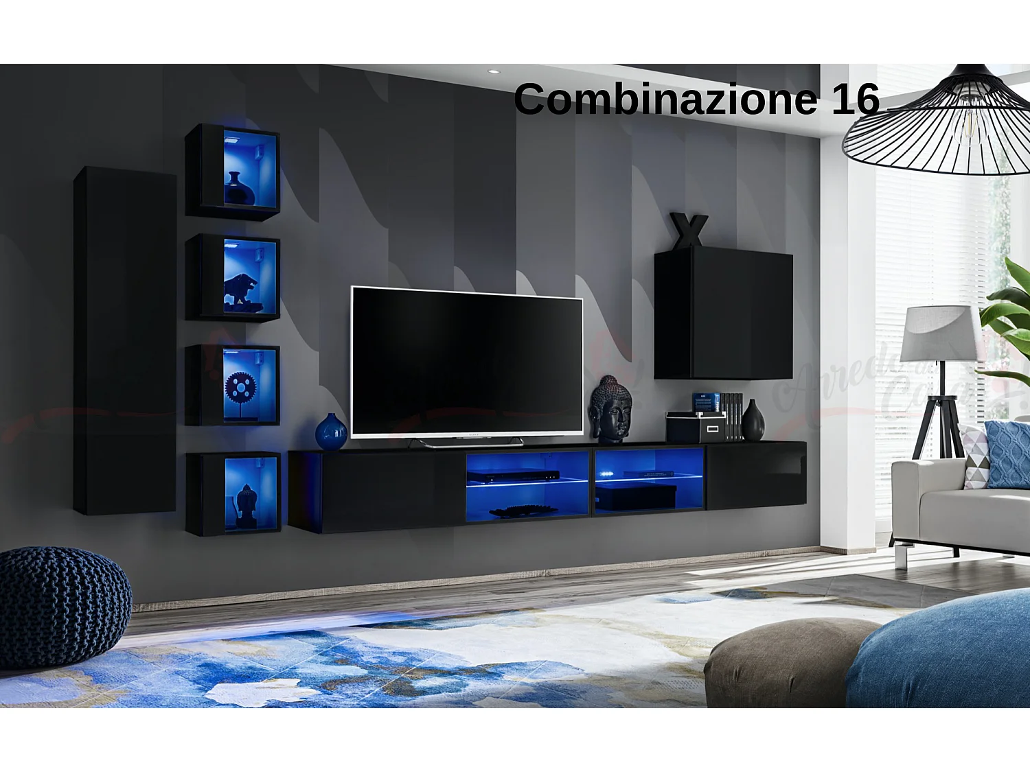Parete attrezzata soggiorno con vetrinette e led 320x150 nero PAP72