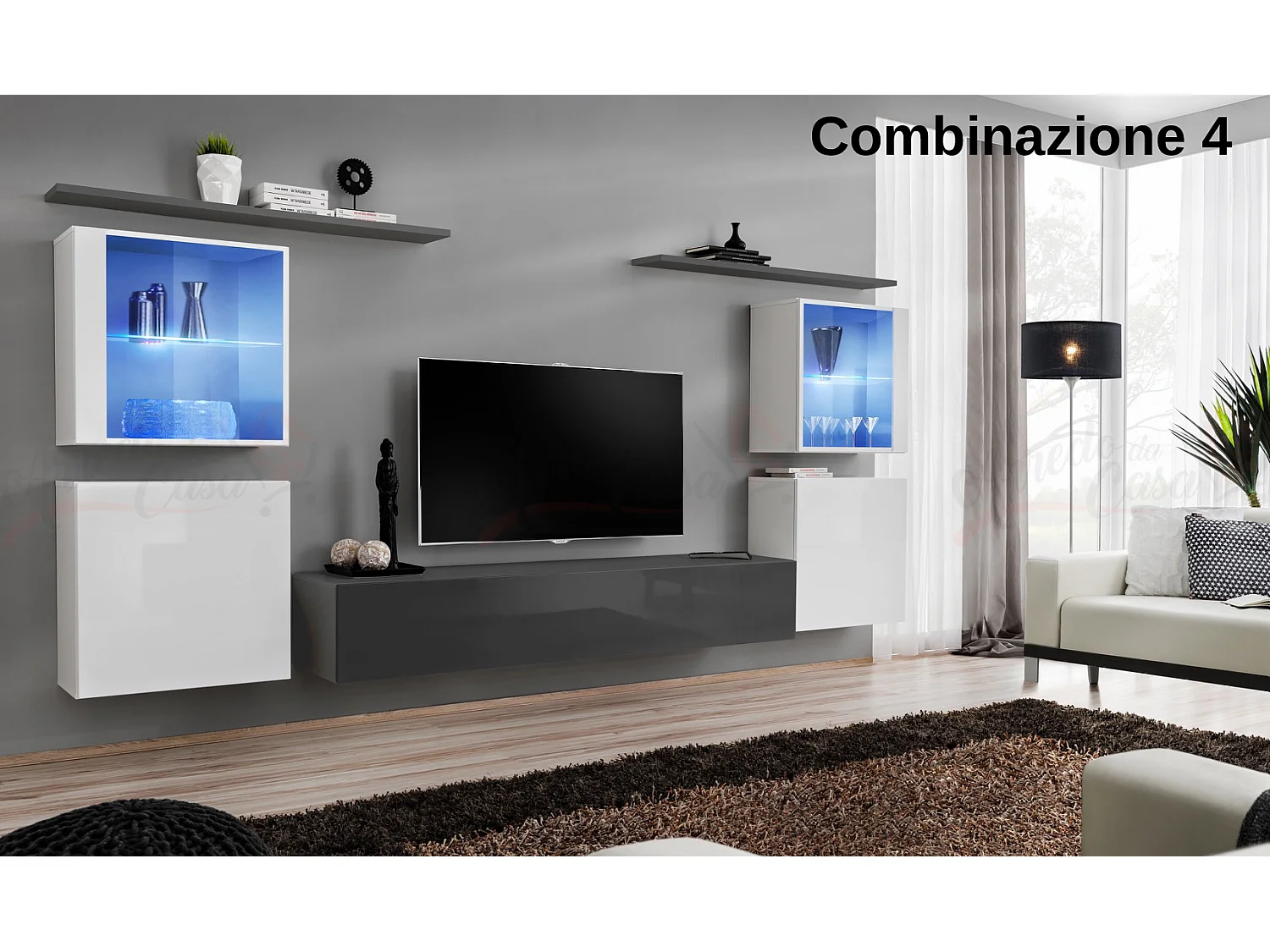 Parete attrezzata moderna con vetrine illuminate a led 320x150 bianco e grigio PAP58