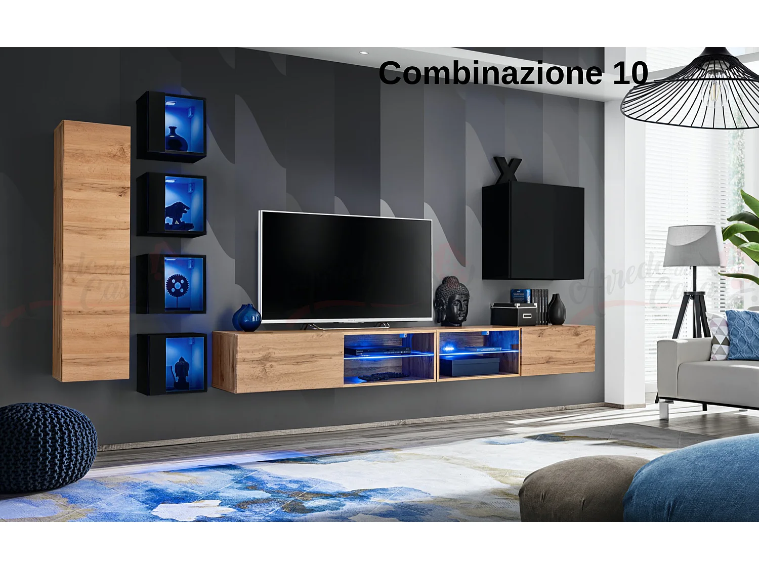 Parete attrezzata soggiorno con vetrinette e led 320x150 rovere e nero PAP72