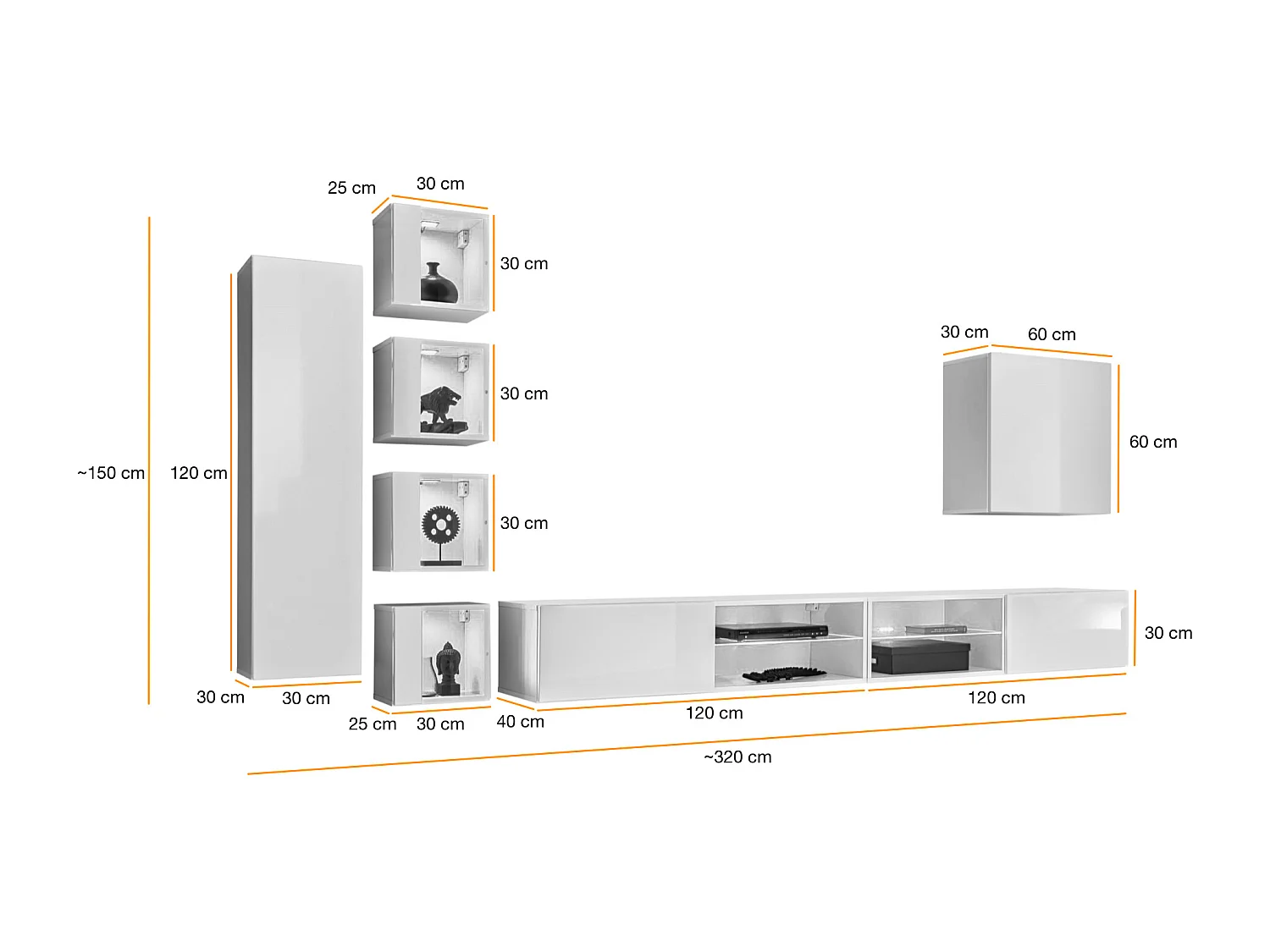 Parete attrezzata soggiorno con vetrinette e led 320x150 rovere e nero PAP72