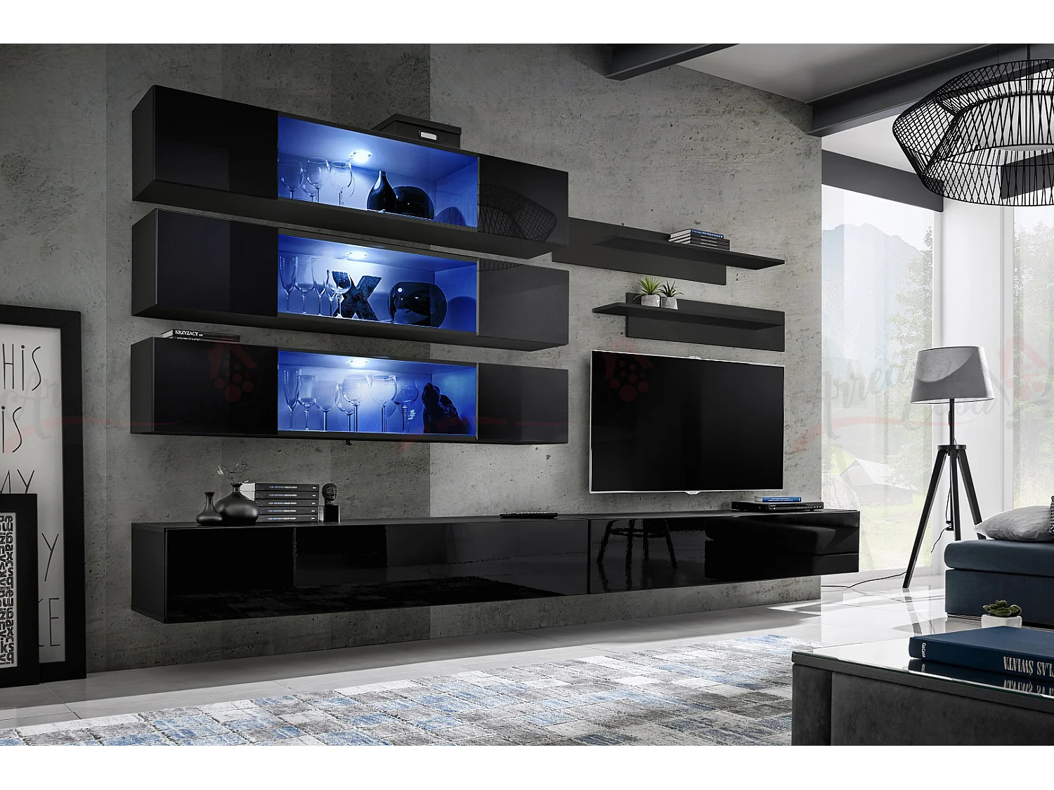 Parete attrezzata da soggiorno sospesa con vetrine orizzontali e led 320x170 nero PAP107