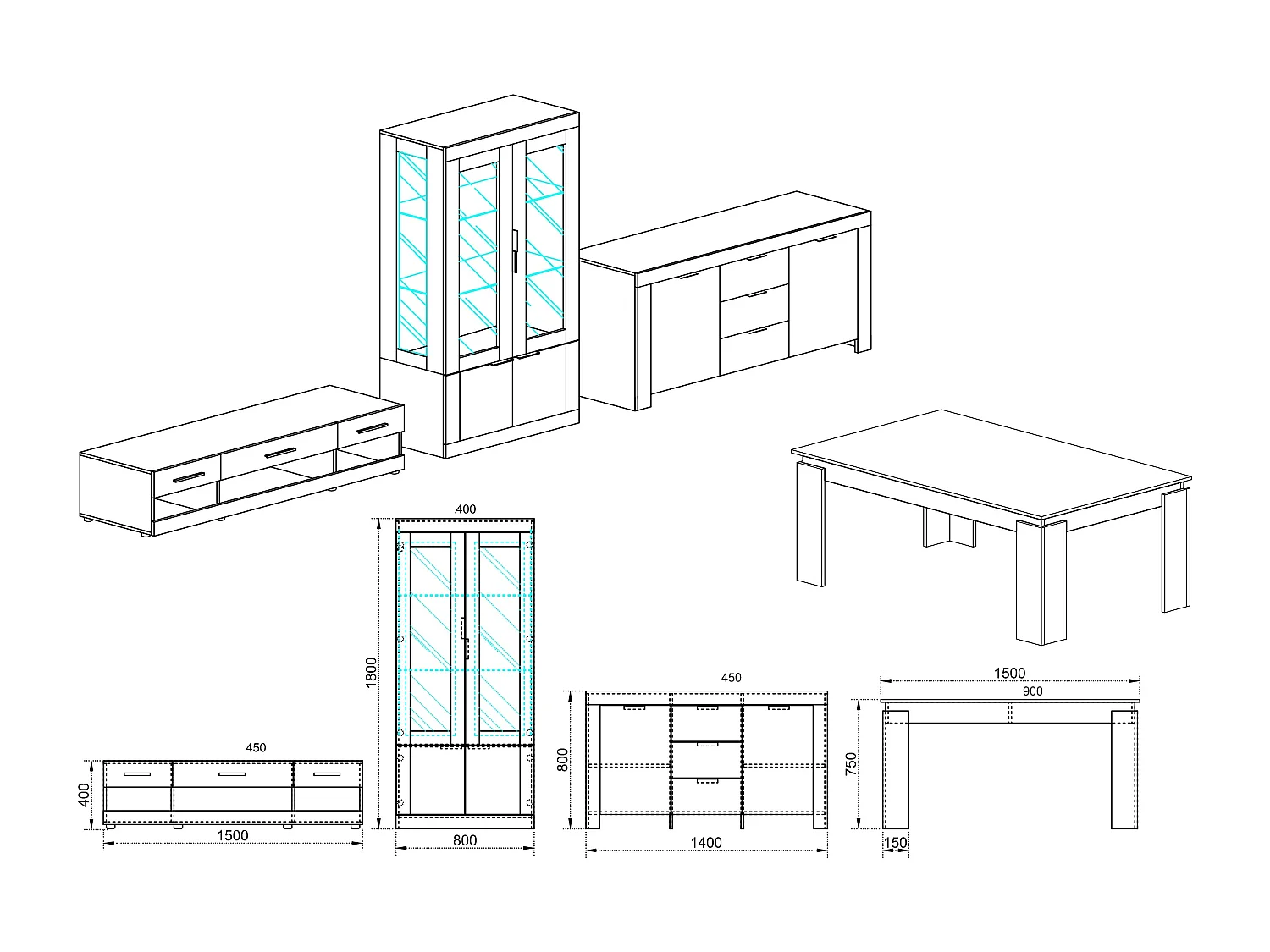 parete attrezzata moderna con armadio a vetri PAI6047 150x40 rovere