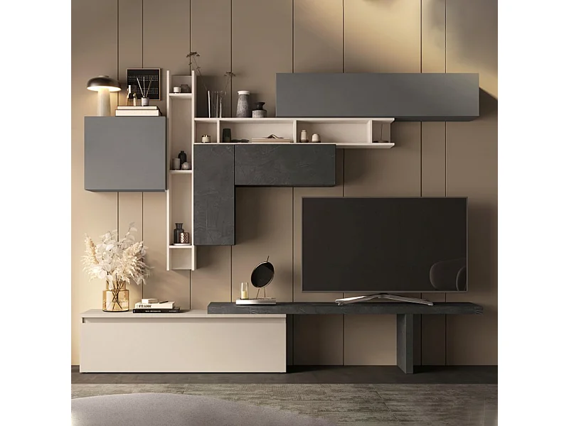 Parete attrezzata soggiorno 280x210 cm grigio, beige e piombo PAL53