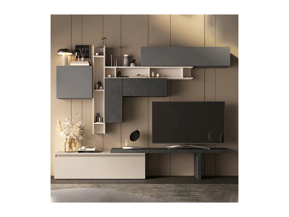 Parete attrezzata soggiorno 280x210 cm grigio, beige e piombo PAL53