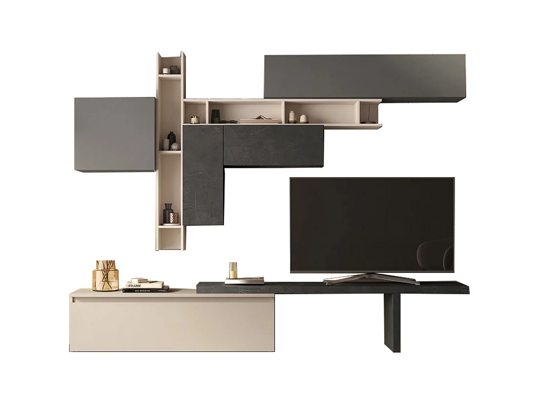 Parete attrezzata soggiorno 280x210 cm grigio, beige e piombo PAL53