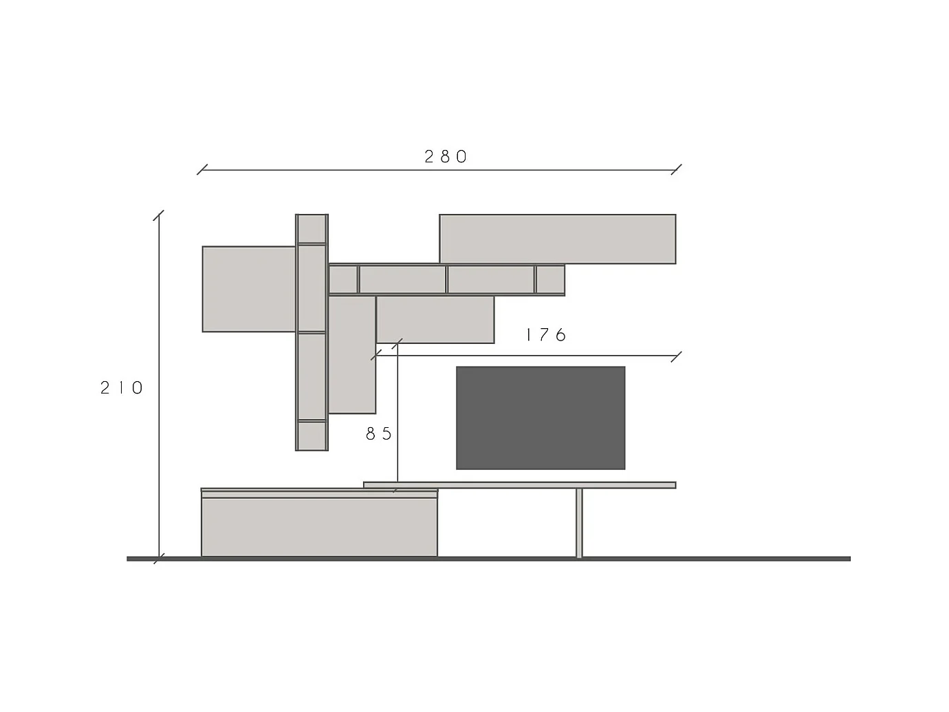 Parete attrezzata soggiorno 280x210 cm grigio, beige e piombo PAL53