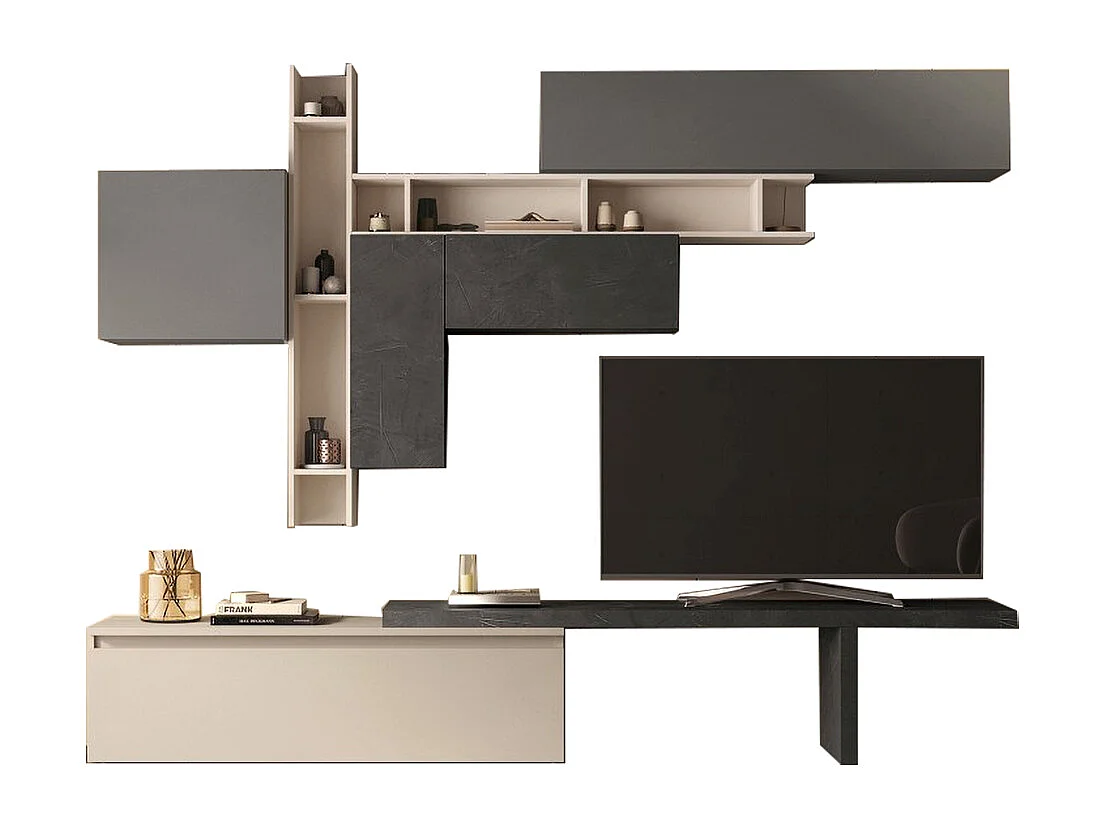 Parete attrezzata soggiorno 280x210 cm grigio, beige e piombo PAL53