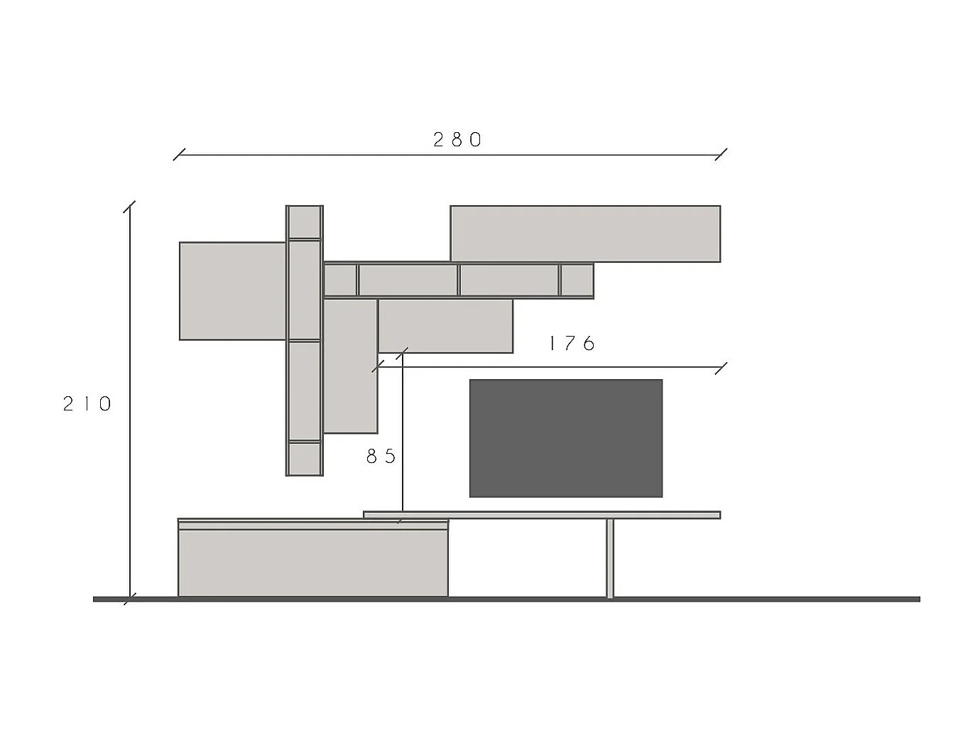Parete attrezzata soggiorno 280x210 cm grigio, beige e piombo PAL53