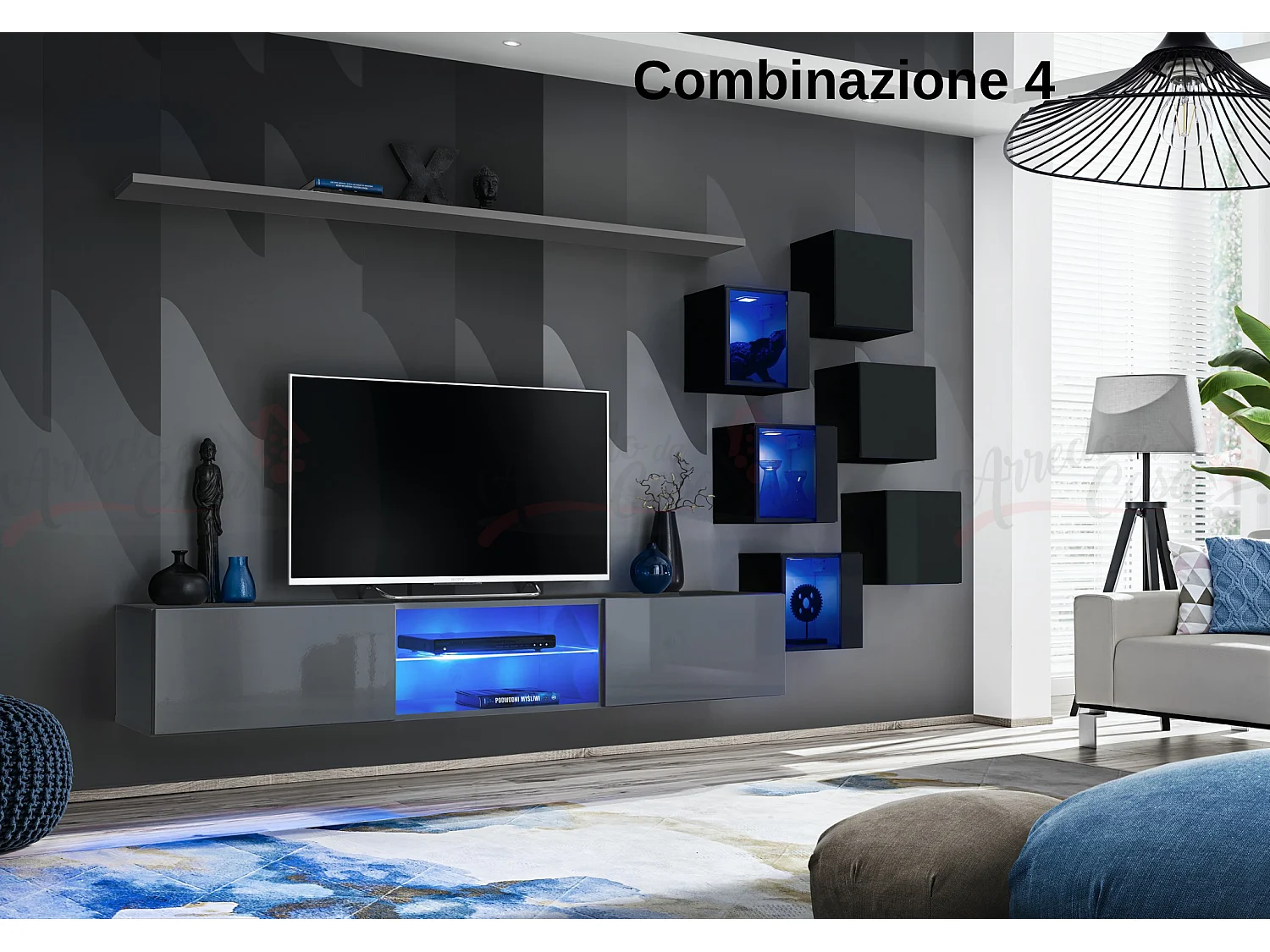 Parete attrezzata soggiorno con mobile TV sospeso 260x150 grigio e nero PAL67