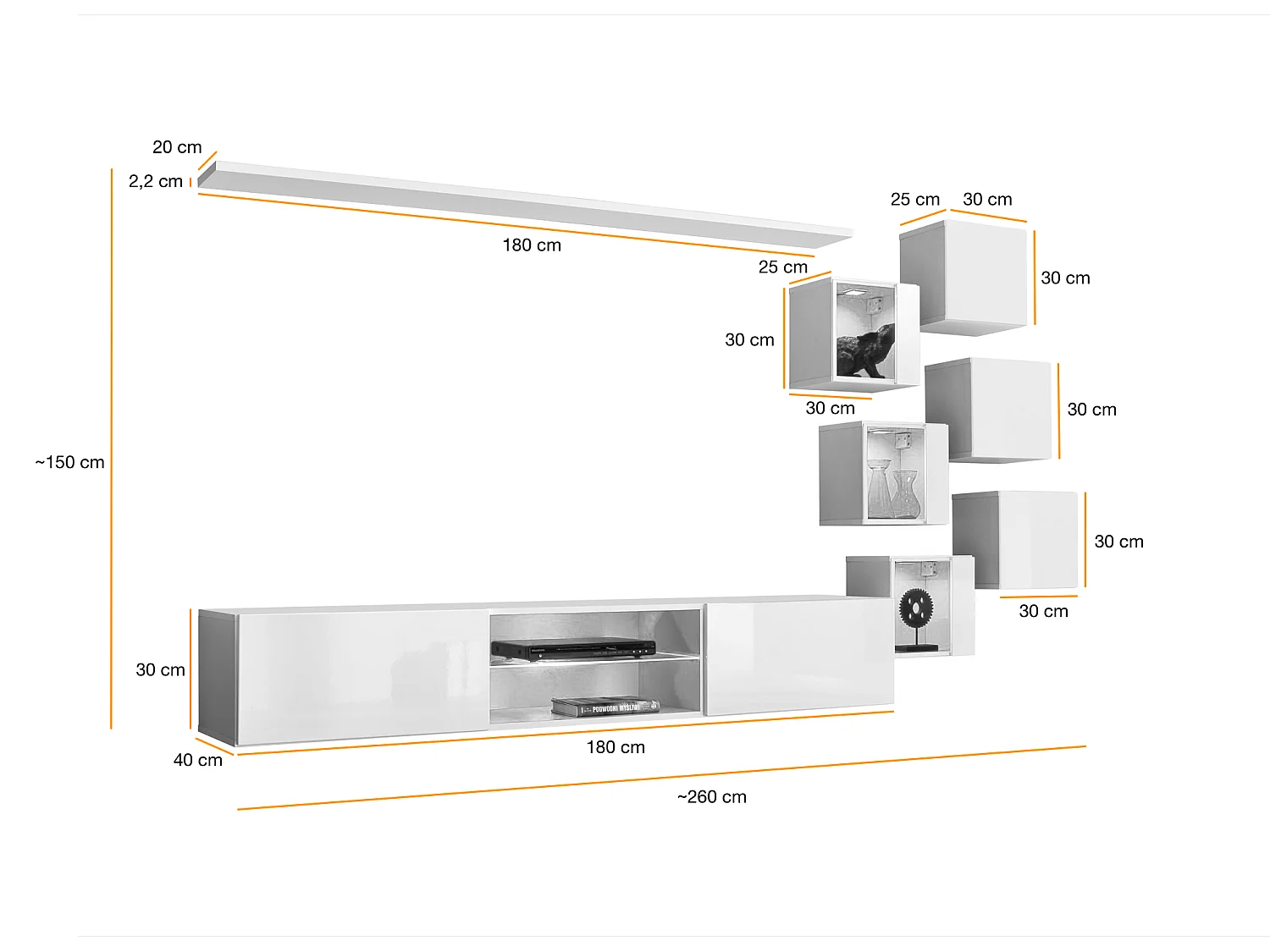 Parete attrezzata soggiorno con mobile TV sospeso 260x150 grigio e nero PAL67