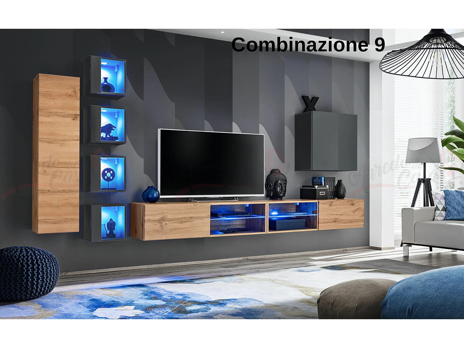 Parete attrezzata soggiorno con vetrinette e led 320x150 rovere e grigio PAP72