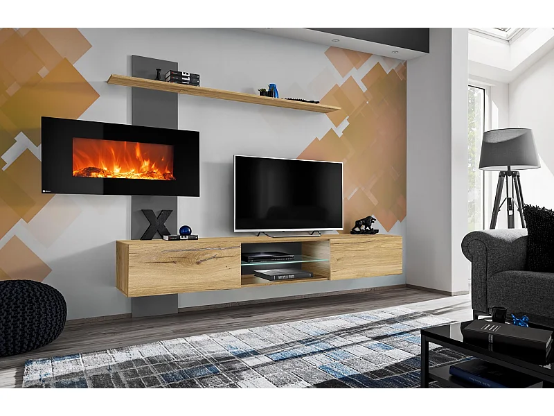 Parete attrezzata sospesa moderna con biocamino e LED 250x170 rovere e grigio PAP137