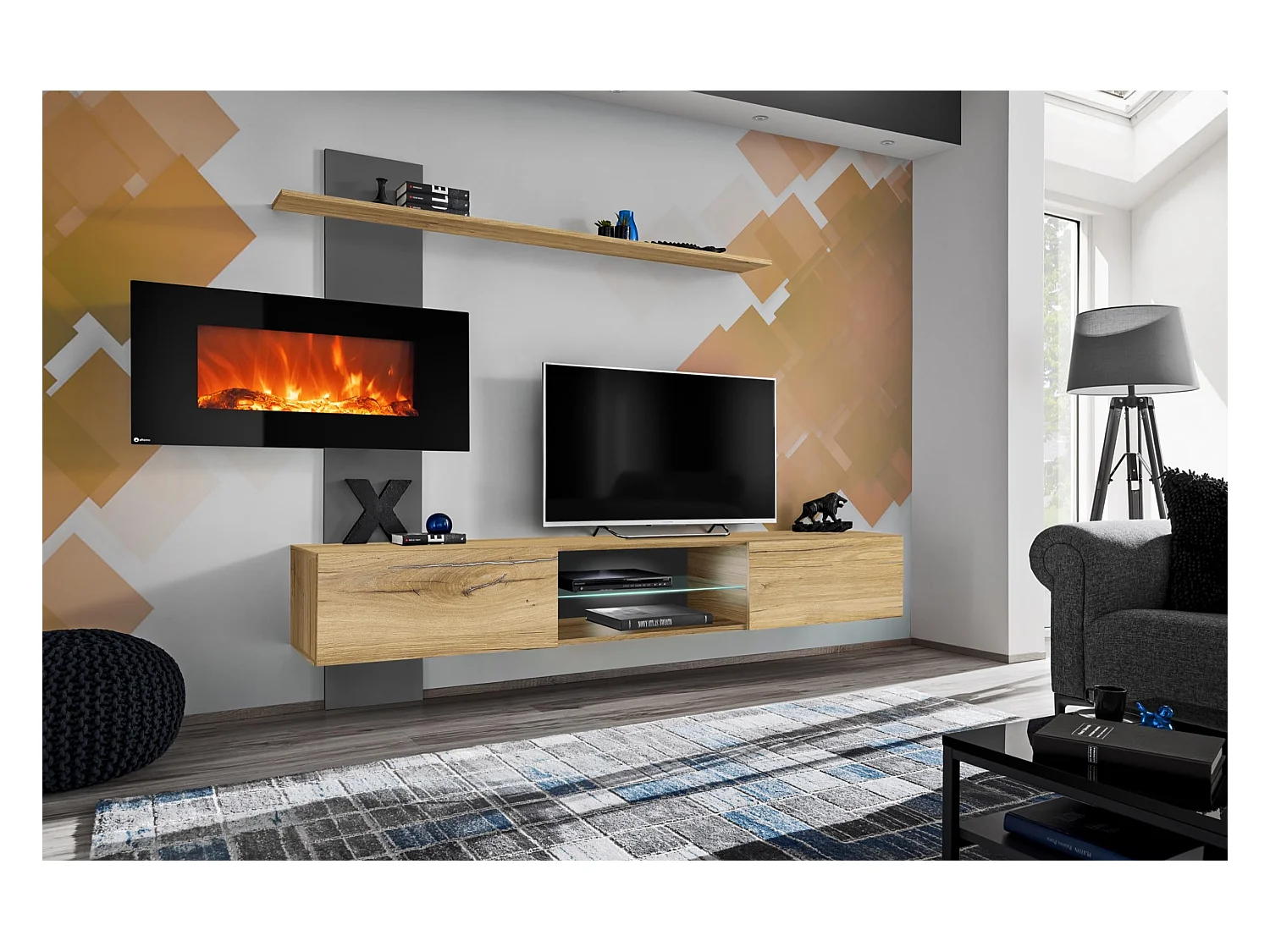 Parete attrezzata sospesa moderna con biocamino e LED 250x170 rovere e grigio PAP137