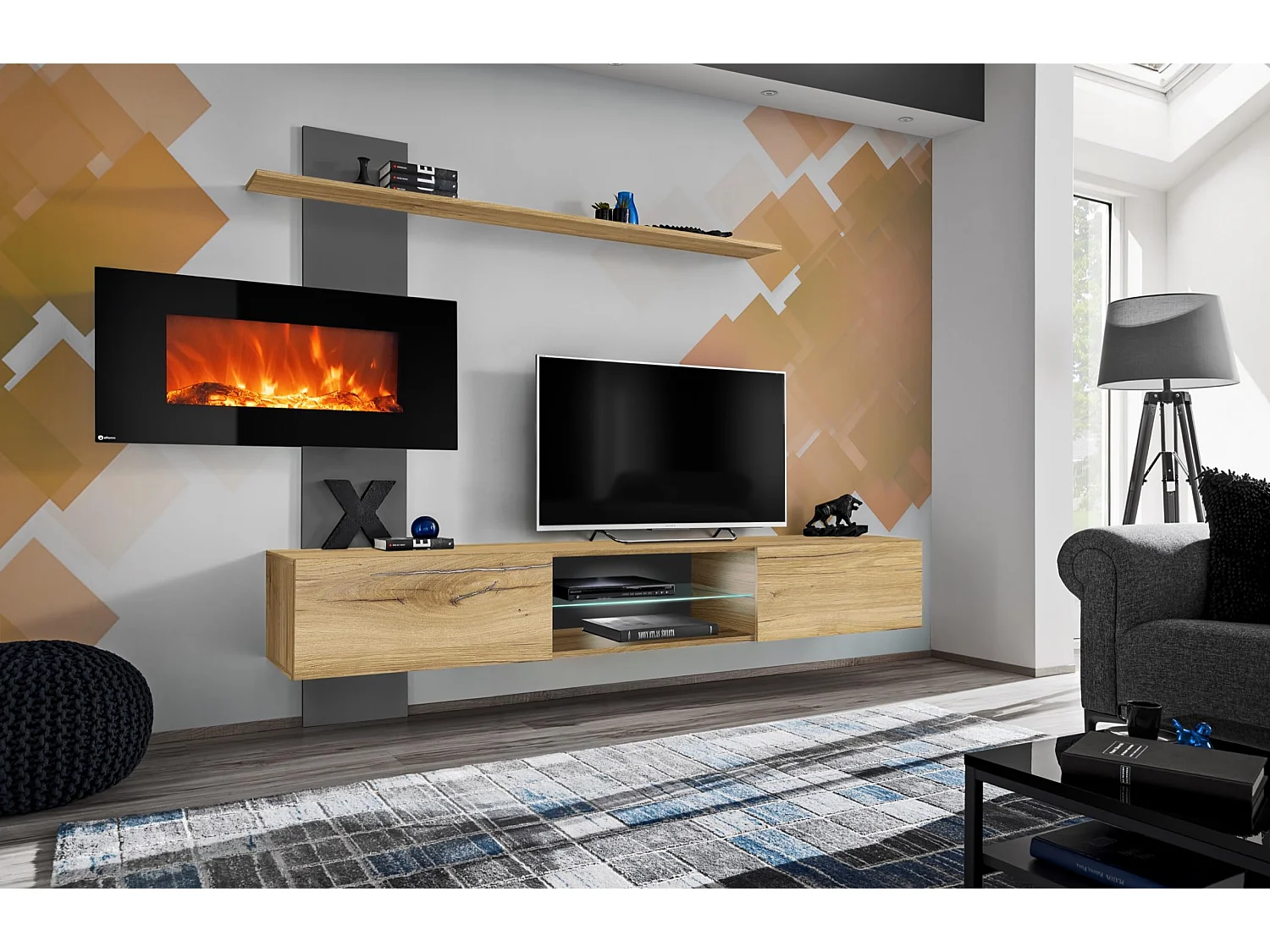 Parete attrezzata sospesa moderna con biocamino e LED 250x170 rovere e grigio PAP137