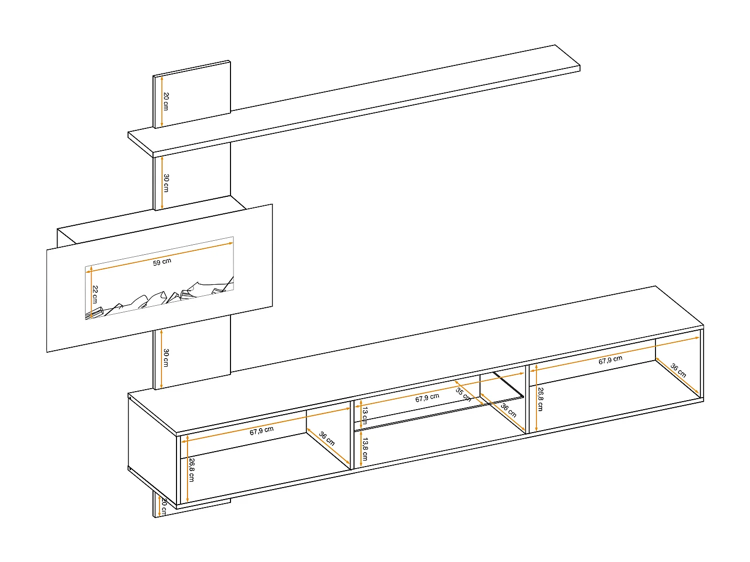 Parete attrezzata sospesa moderna con biocamino e LED 250x170 rovere e grigio PAP137