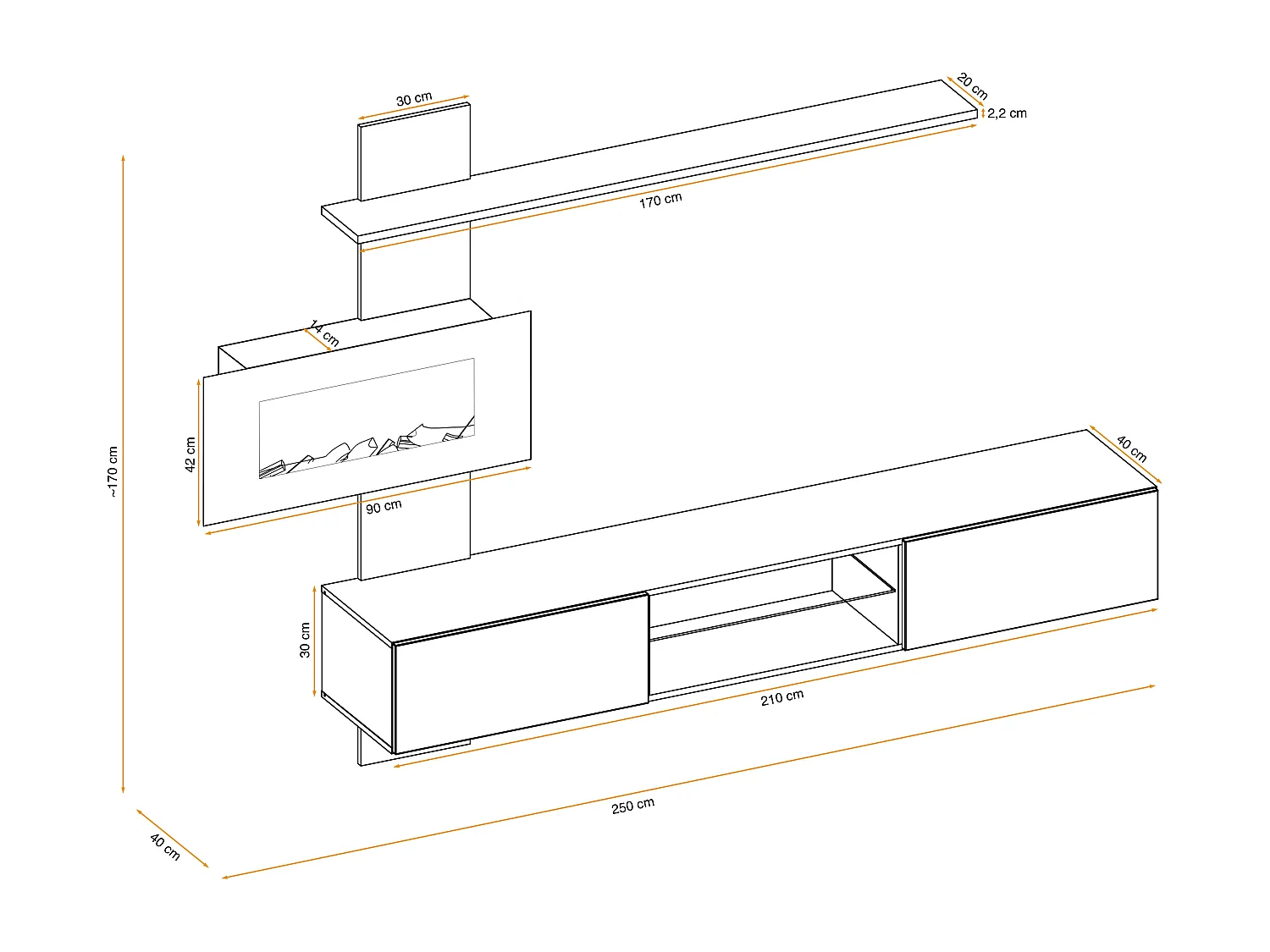 Parete attrezzata sospesa moderna con biocamino e LED 250x170 rovere e grigio PAP137