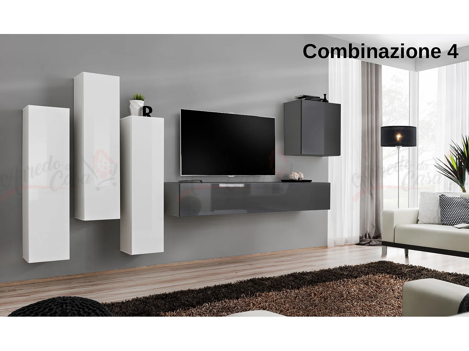 Parete attrezzata soggiorno sospesa PAP47 270x160 bianco e grigio