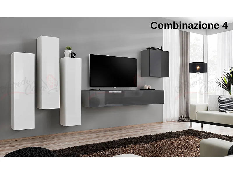 Parete attrezzata soggiorno sospesa PAP47 270x160 bianco e grigio