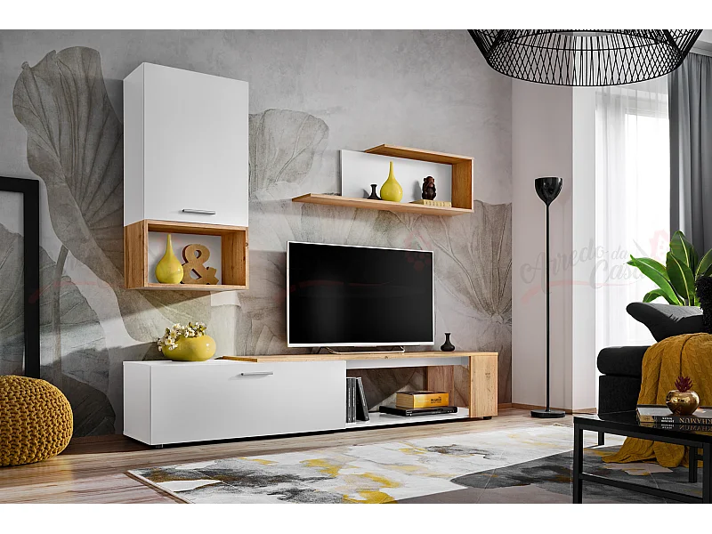 Parete attrezzata dal design moderno con cassetto PAP139 200x170 bianco e rovere