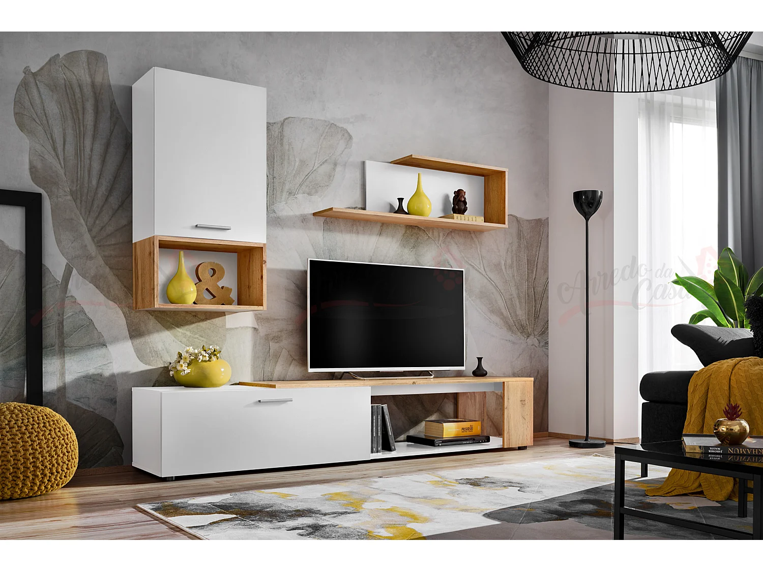 Parete attrezzata dal design moderno con cassetto PAP139 200x170 bianco e rovere