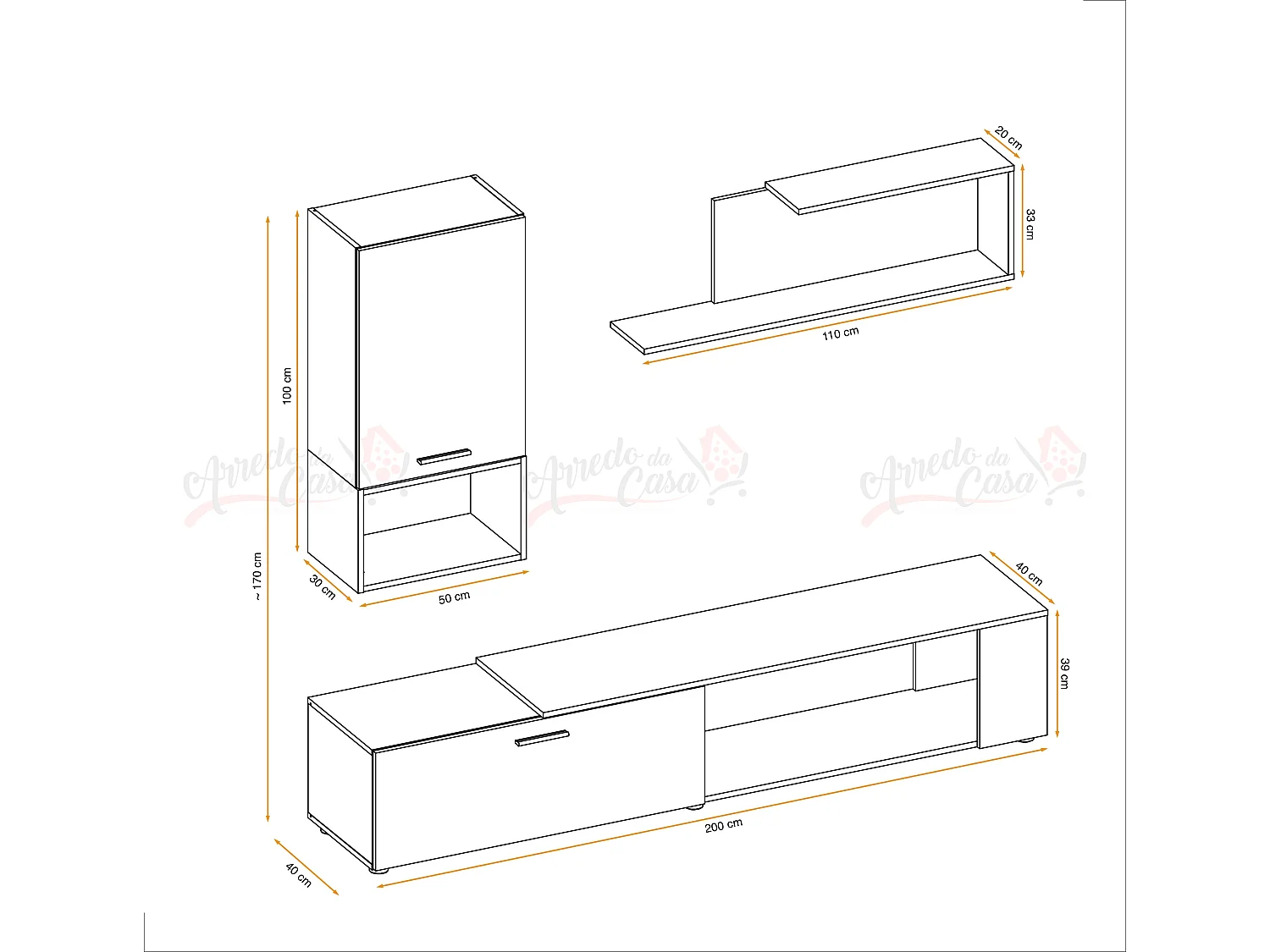 Parete attrezzata dal design moderno con cassetto PAP139 200x170 bianco e rovere