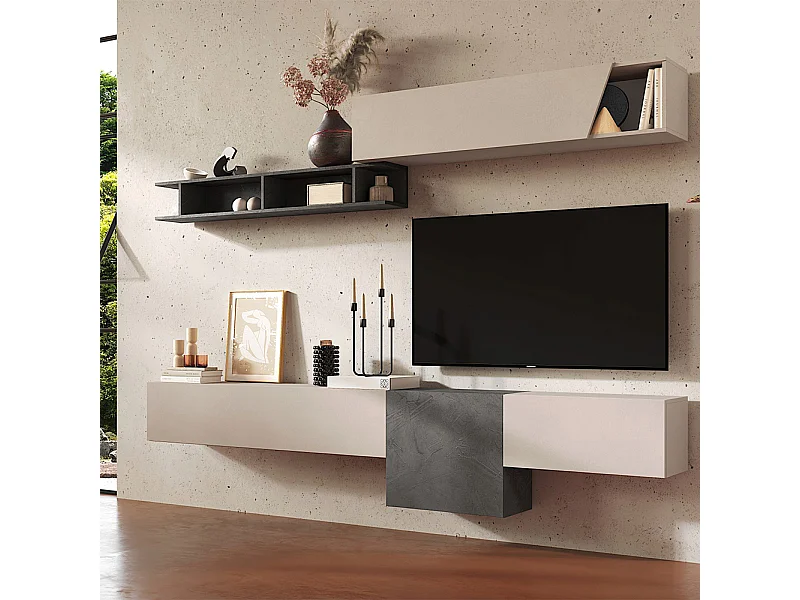 Parete attrezzata sospesa 262x202 cm beige e piombo PAL68