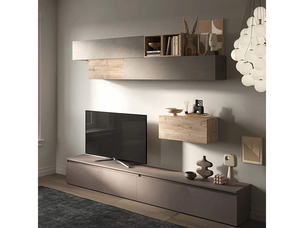 Parete attrezzata soggiorno 276x190 cm argilla, bronzo e rovere PAL49