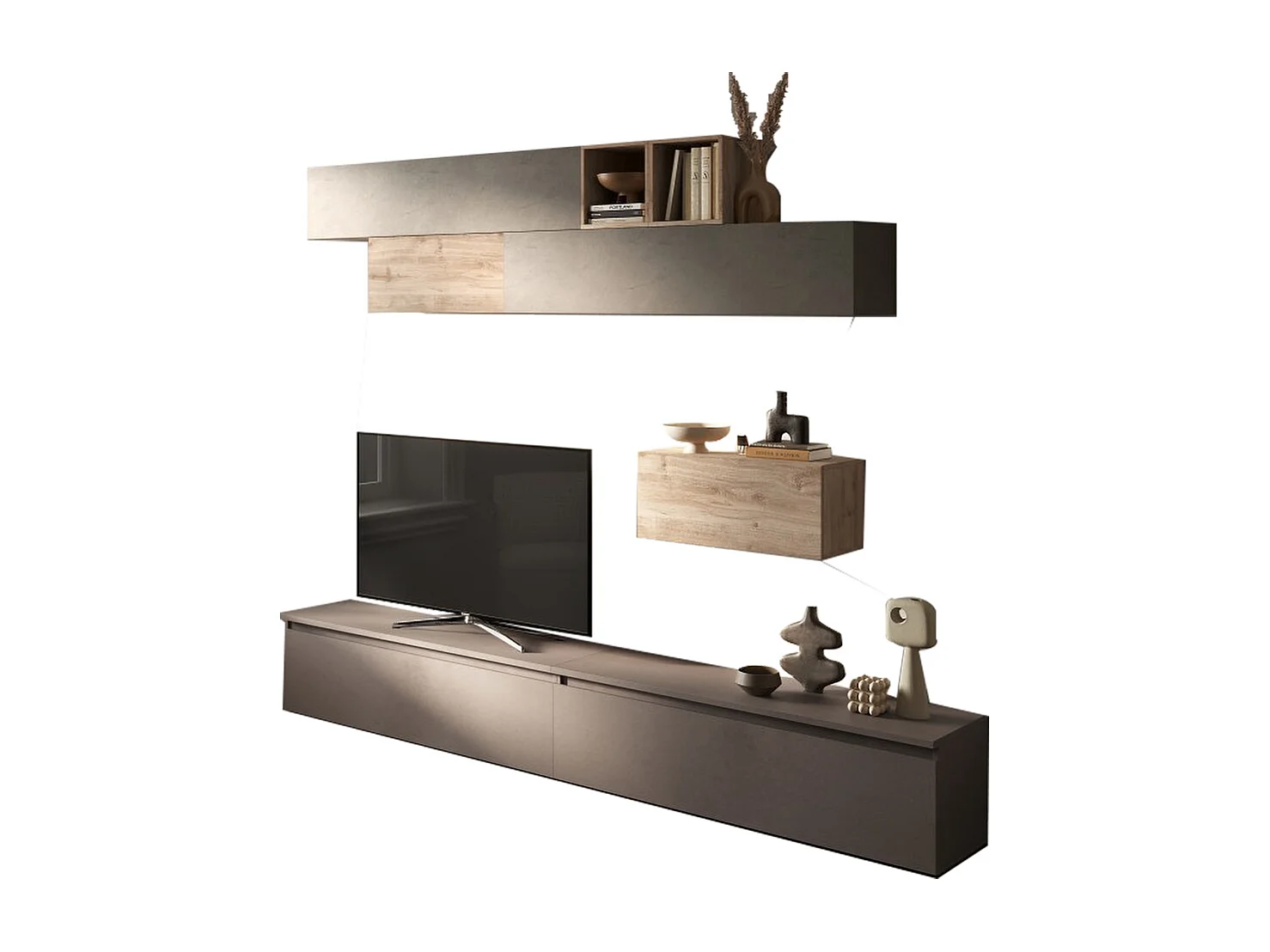 Parete attrezzata soggiorno 276x190 cm argilla, bronzo e rovere PAL49