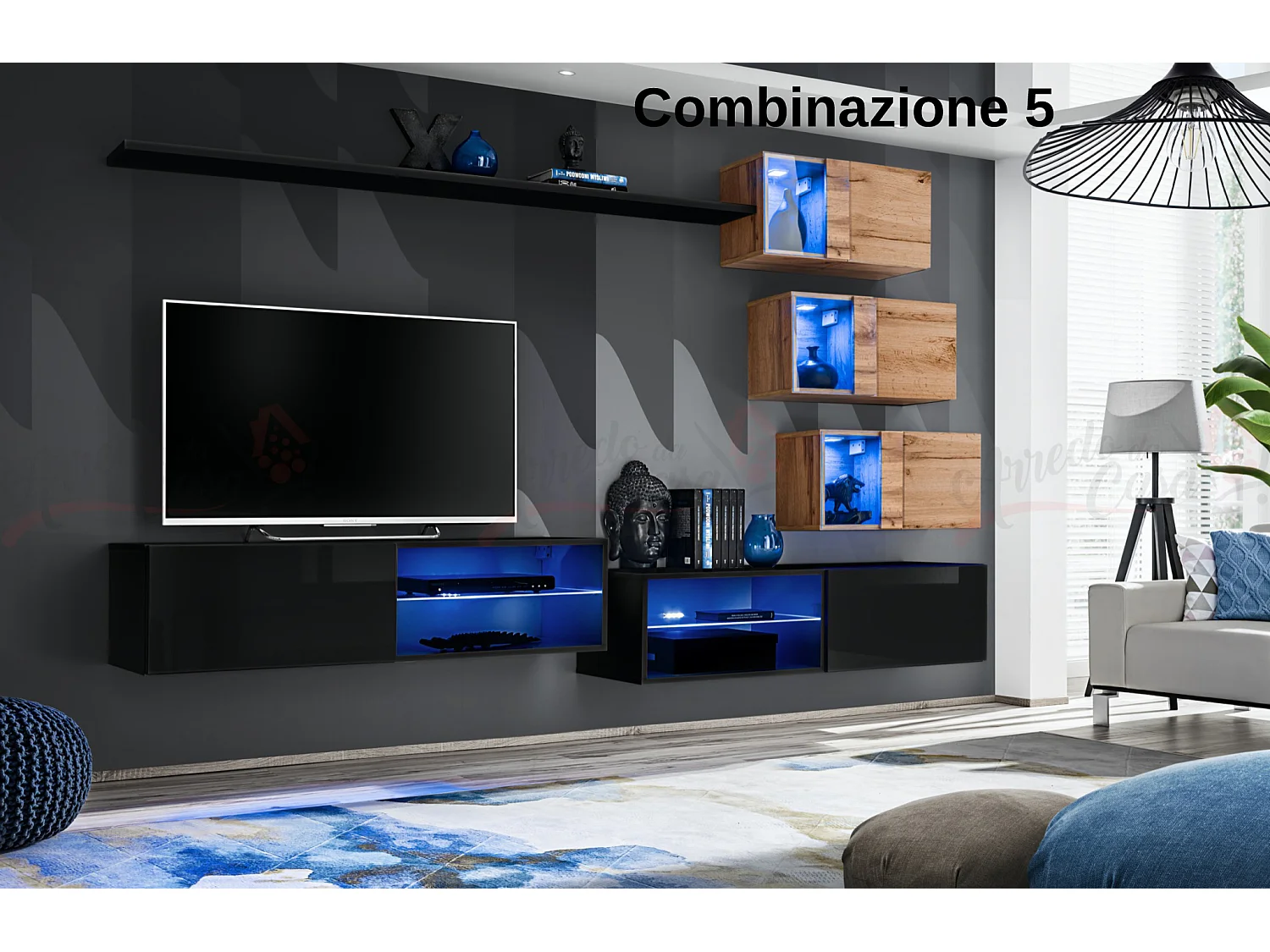 Parete attrezzata per soggiorno con vetrinette e luci led 260x170 nero e rovere PAP70