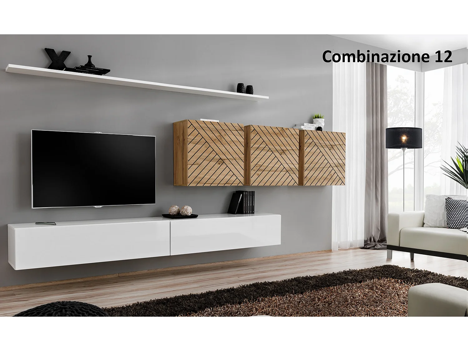 Parete attrezzata da soggiorno sospesa 340x150 bianco e rovere PAP51