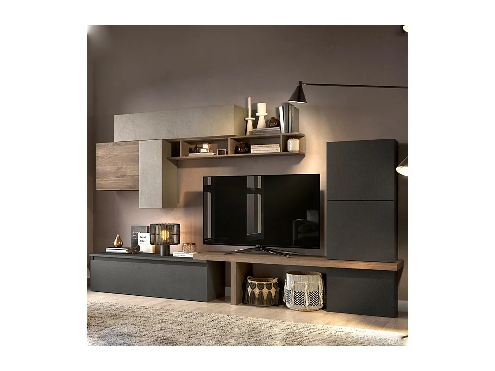 Parete attrezzata elegante 280x202 cm argilla, grafite e noce PAL62