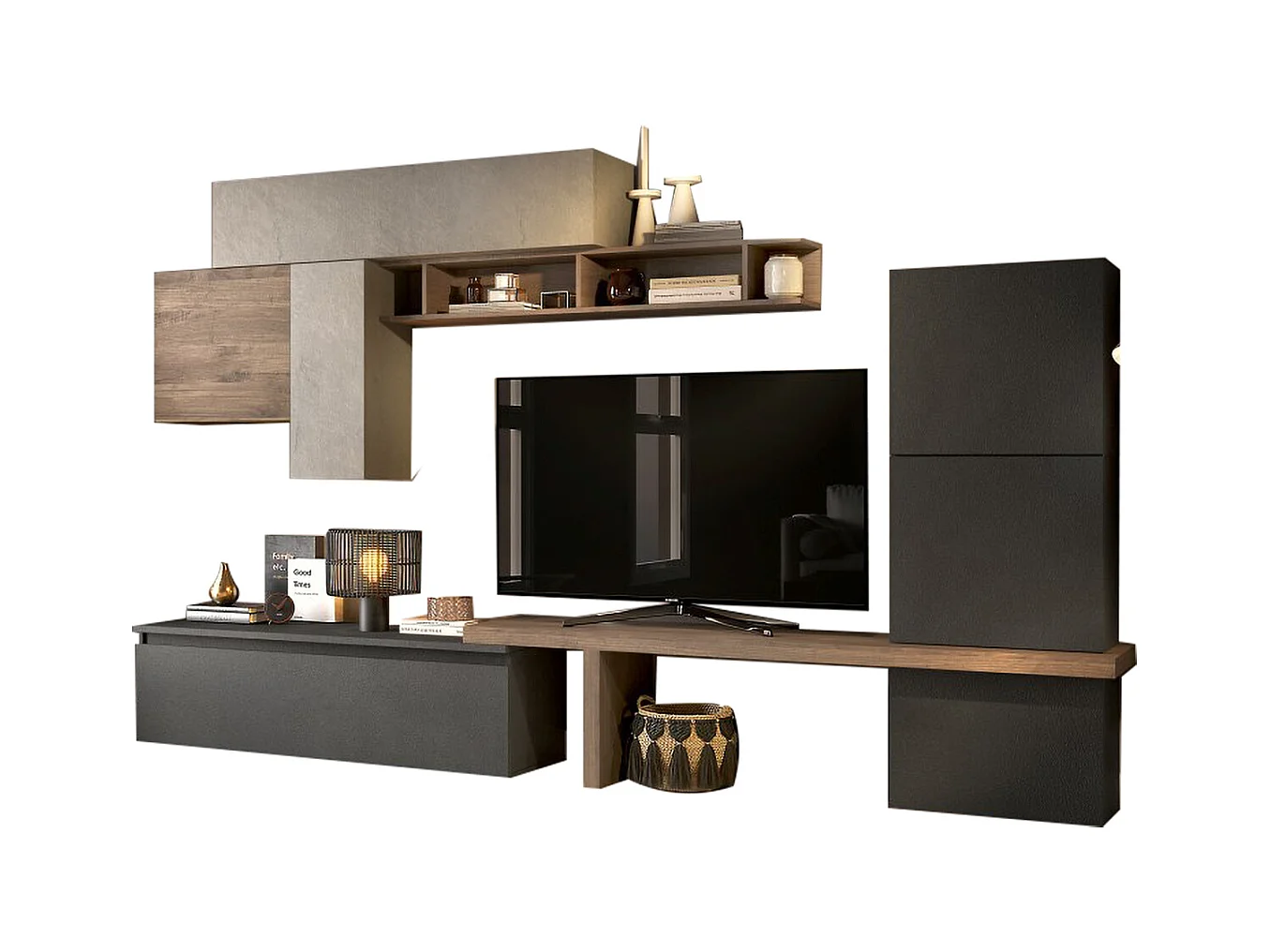 Parete attrezzata elegante 280x202 cm argilla, grafite e noce PAL62