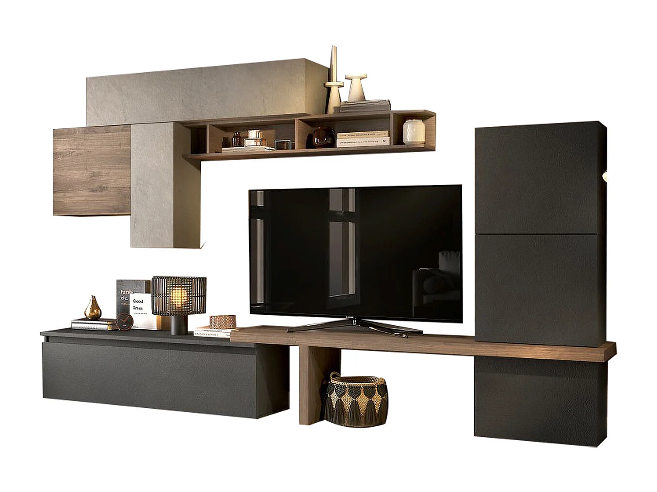 Parete attrezzata elegante 280x202 cm argilla, grafite e noce PAL62